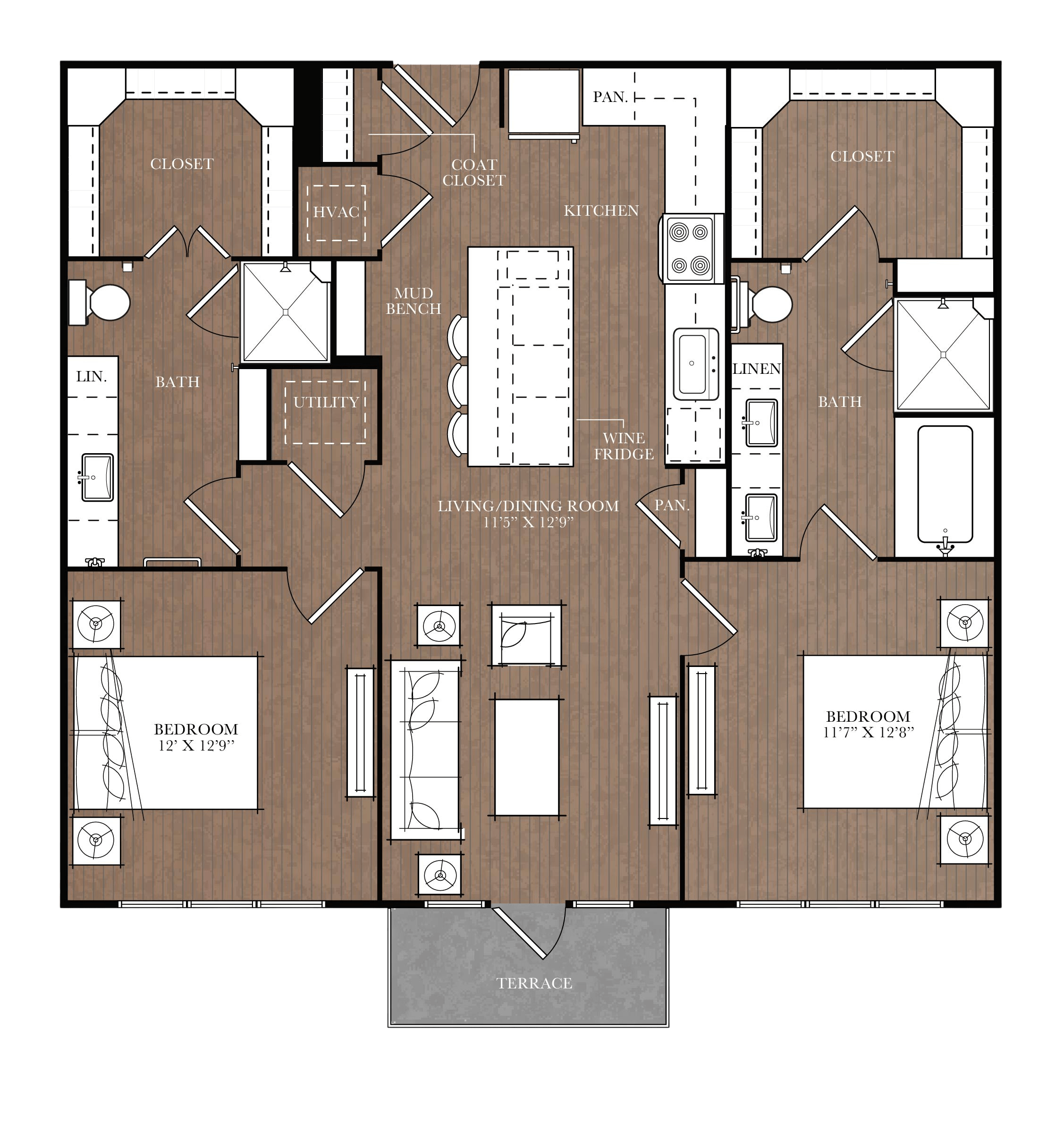 Floor plan for 2 beds, 2 baths, 1109 sqft